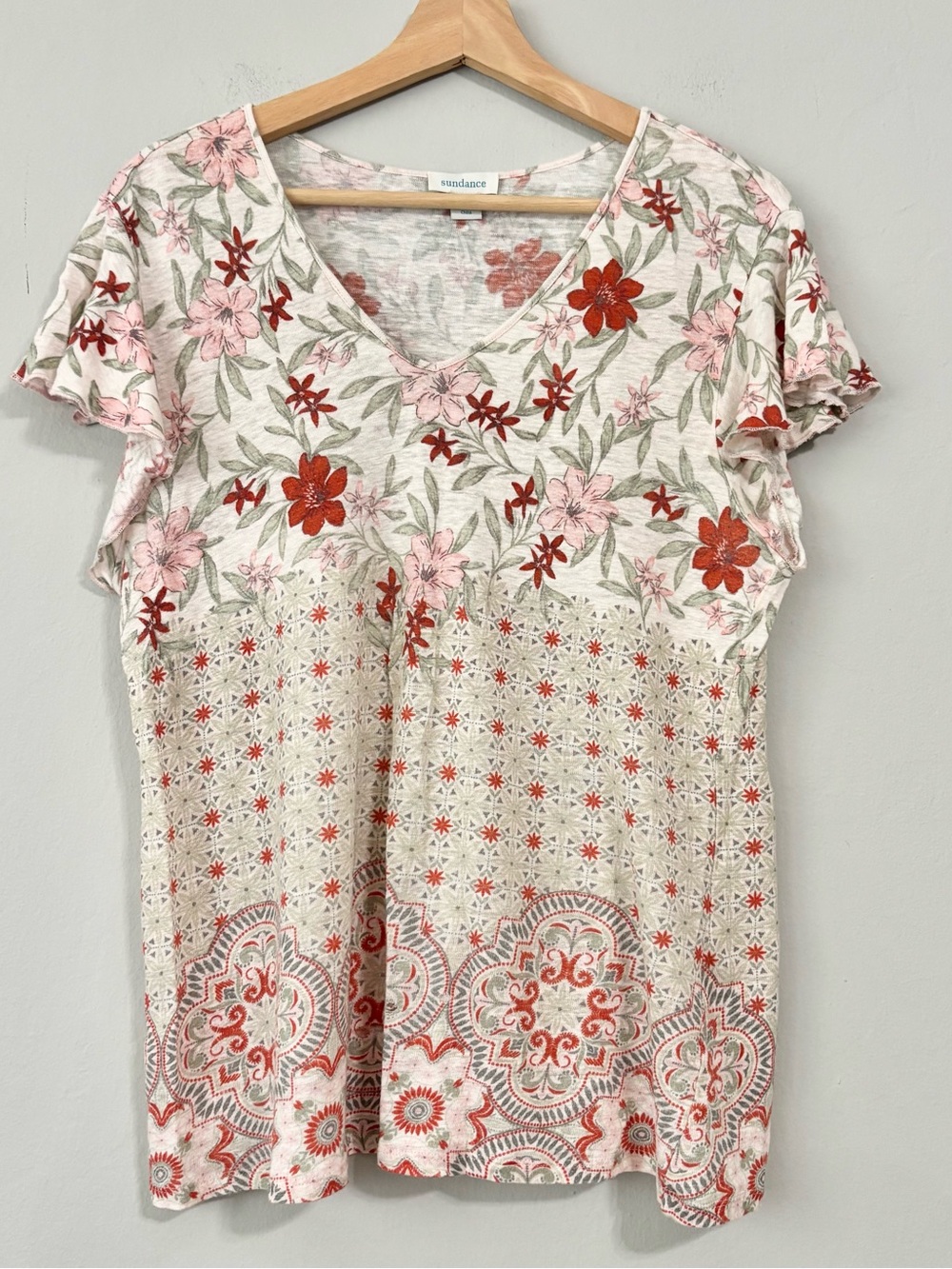 Sundance 100% Linen Cream / Orange Floral Short Sleeve Top